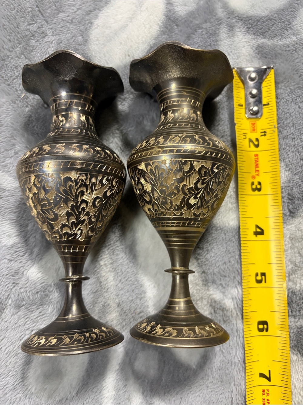6” Antique-Style Brass Etched Pair - Black and Gold Accent Vases